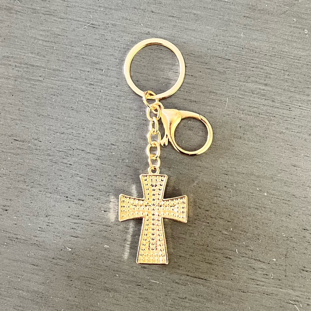 Gold Cross Allover Clear Blue Crystal Rhinestone 4" Keychain Key Ring Bag Charm - Picture 2 of 2